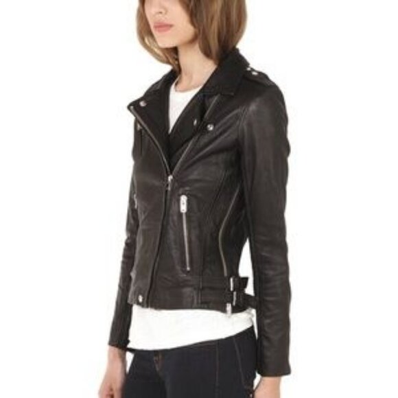 Womens Iro Tara Black Lamb Leather Full Zip Moto Jacket 40 US/L - Picture 1 of 16